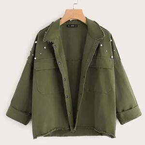 SHEIN • Military Green Pearl Beaded Raw Cut Distressed Trim Snap Jacket